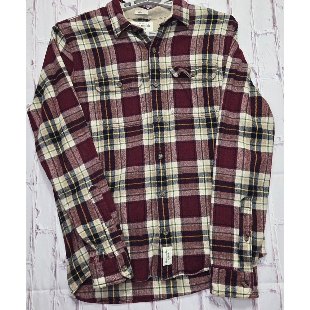 Y2k Abercrombie & Fitch Flannel Shirt Burgundy Plaid Muscle Fit Button Men XL